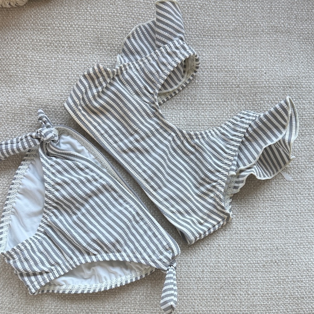 Rylee + Cru Gray Striped Bikini with Ruffle Sleeves